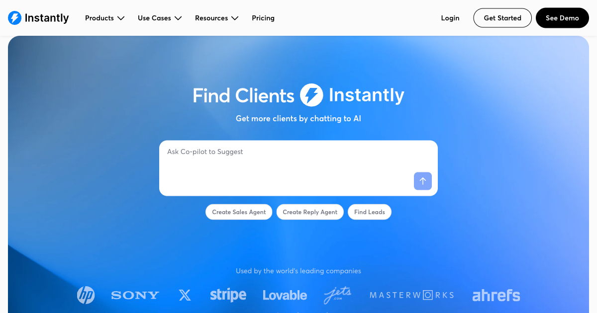 Instantly.ai platform homepage showing AI-powered email outreach and lead follow-up automation