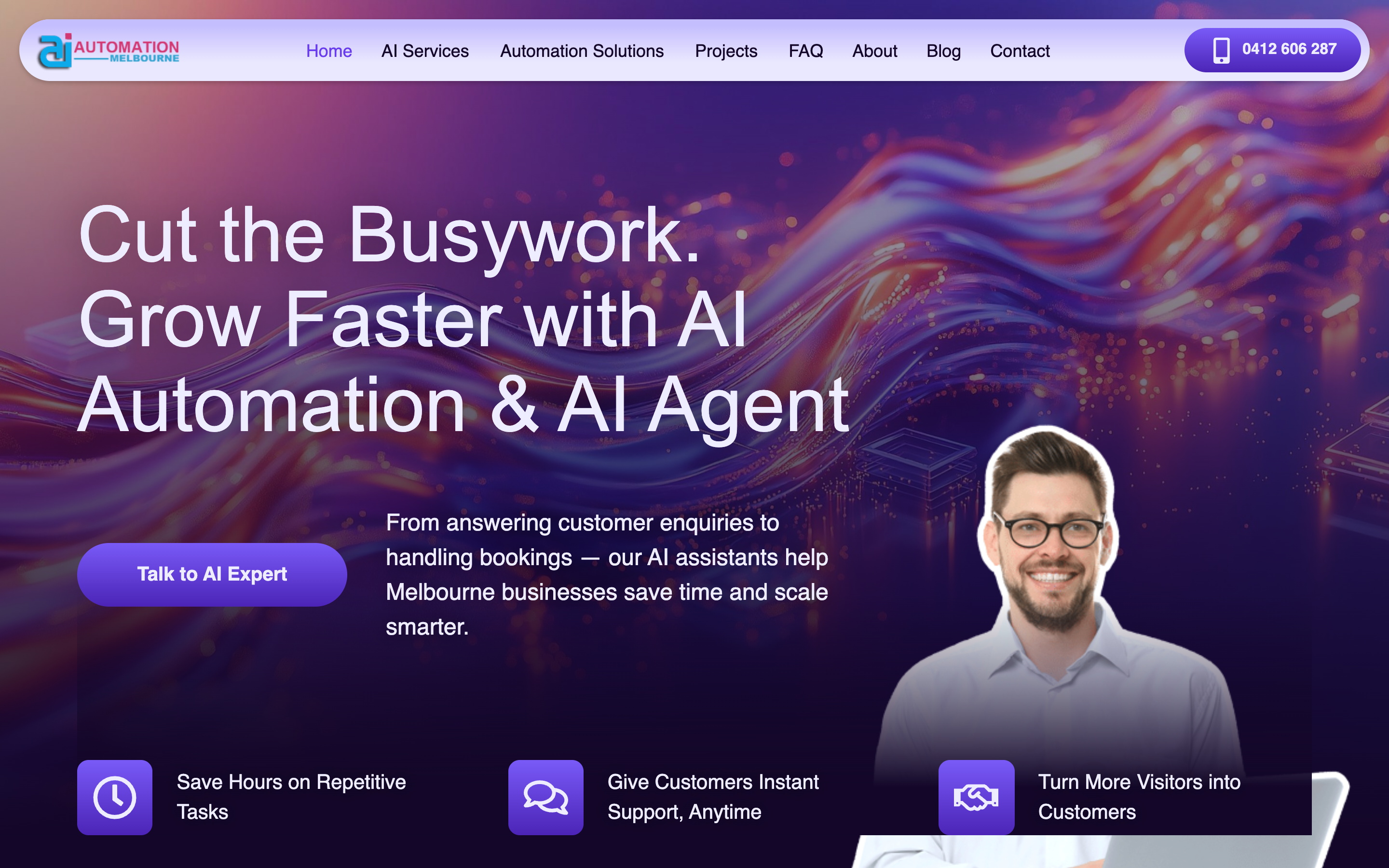 AI Automation Melbourne website homepage showing AI assistant services for small and medium business owners in Melbourne