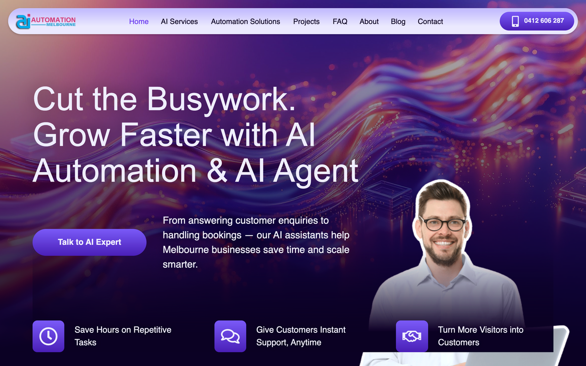 AI Automation Melbourne website homepage showing AI assistant services for small and medium business owners in Melbourne