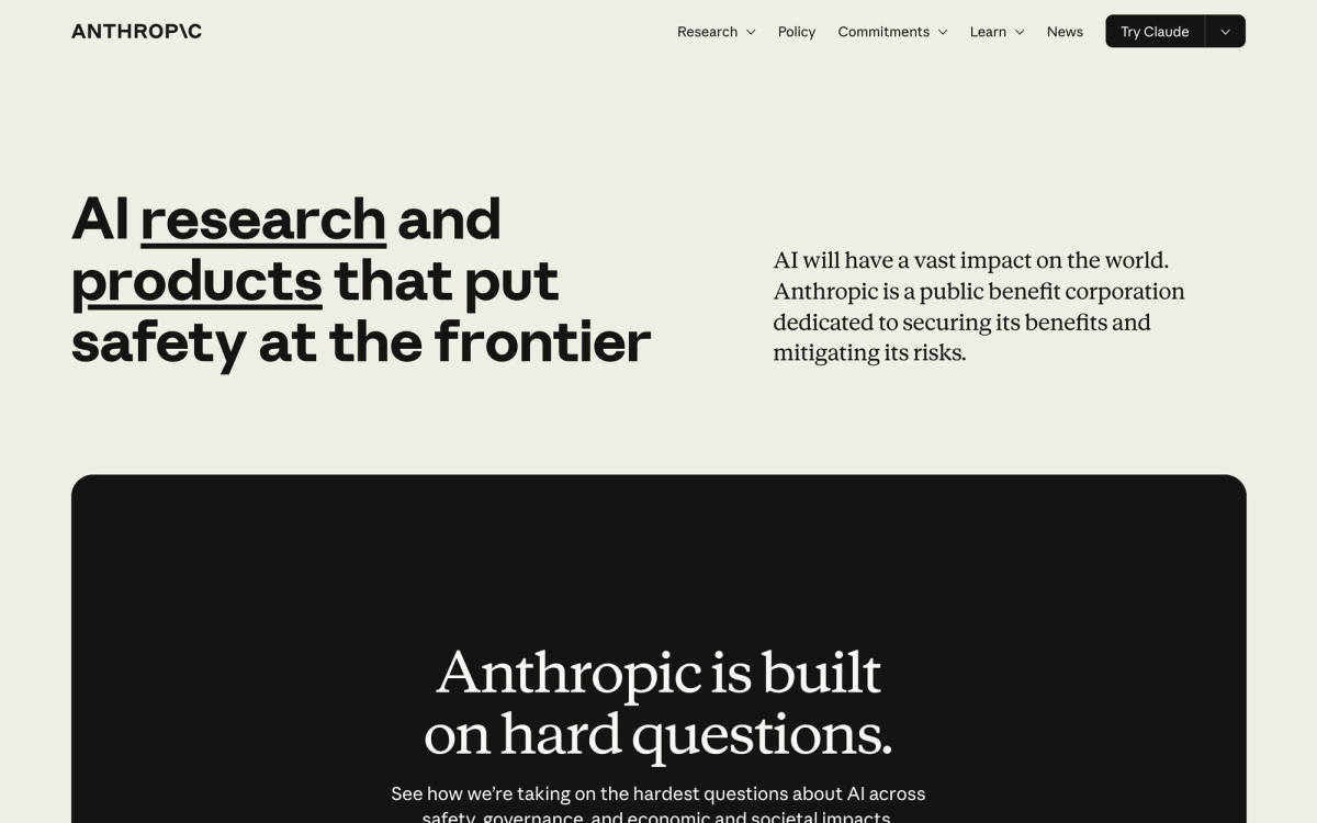 Anthropic homepage headline reading AI research and products that put safety at the frontier, with navigation for Research, Policy, Commitments, Learn and News