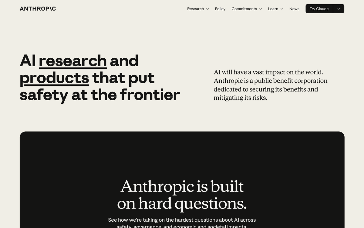 Anthropic homepage headline reading AI research and products that put safety at the frontier, with navigation for Research, Policy, Commitments, Learn and News