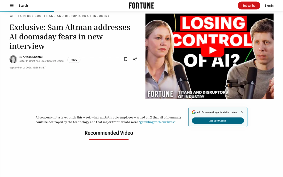Fortune's exclusive interview page with Alyson Shontell and Sam Altman, dated September 12 2026, opening on the Anthropic employee warning that frontier labs were gambling with our lives
