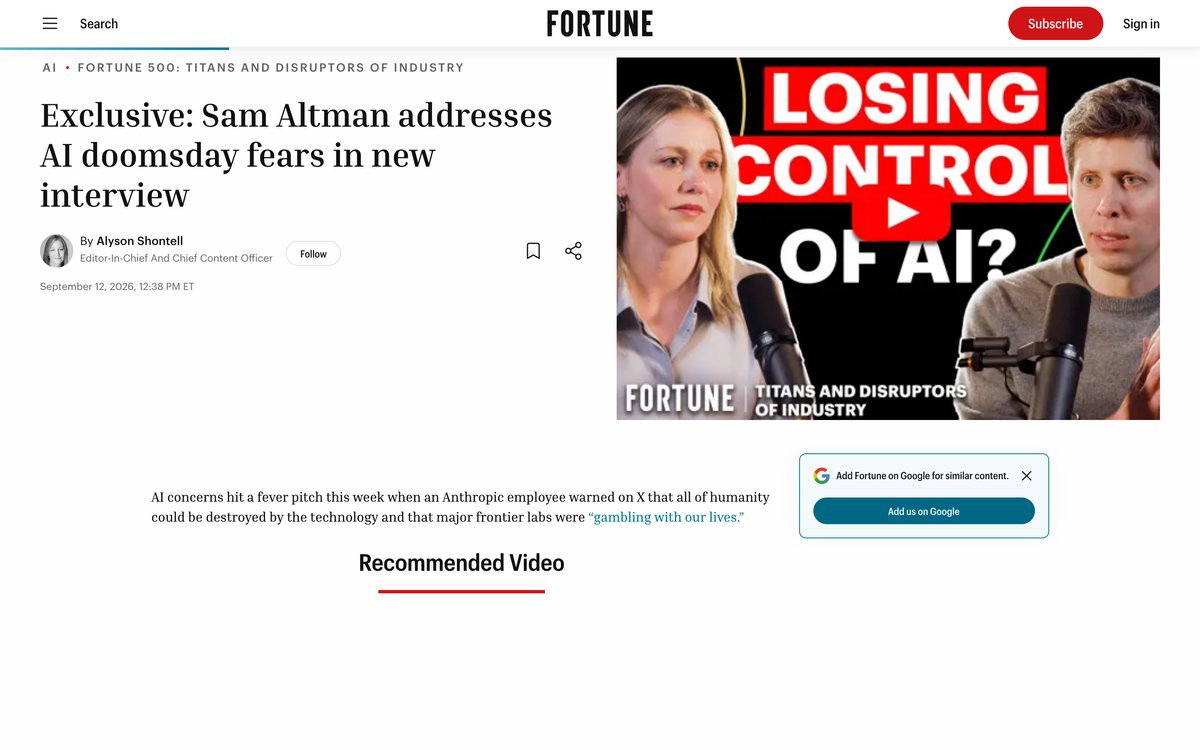 Fortune's exclusive interview page with Alyson Shontell and Sam Altman, dated September 12 2026, opening on the Anthropic employee warning that frontier labs were gambling with our lives