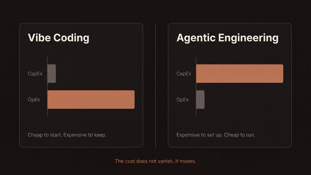 Two mirrored bar charts comparing vibe coding and agentic engineering, showing vibe coding with low upfront cost and high ongoing cost and agentic engineering with the reverse