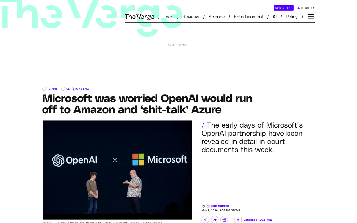 The Verge headline reads, Microsoft was worried OpenAI would run off to Amazon and shit-talk Azure