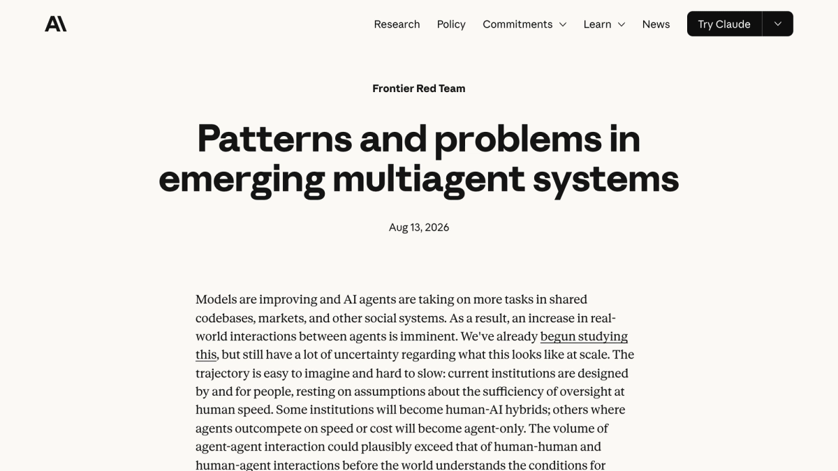 Anthropic Frontier Red Team research page titled Patterns and problems in emerging multiagent systems, dated August 13 2026