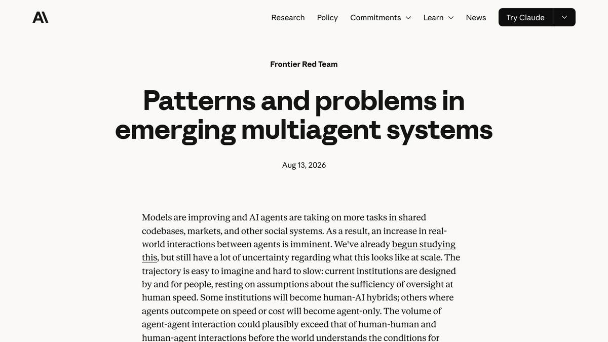 Anthropic Frontier Red Team research page titled Patterns and problems in emerging multiagent systems, dated August 13 2026