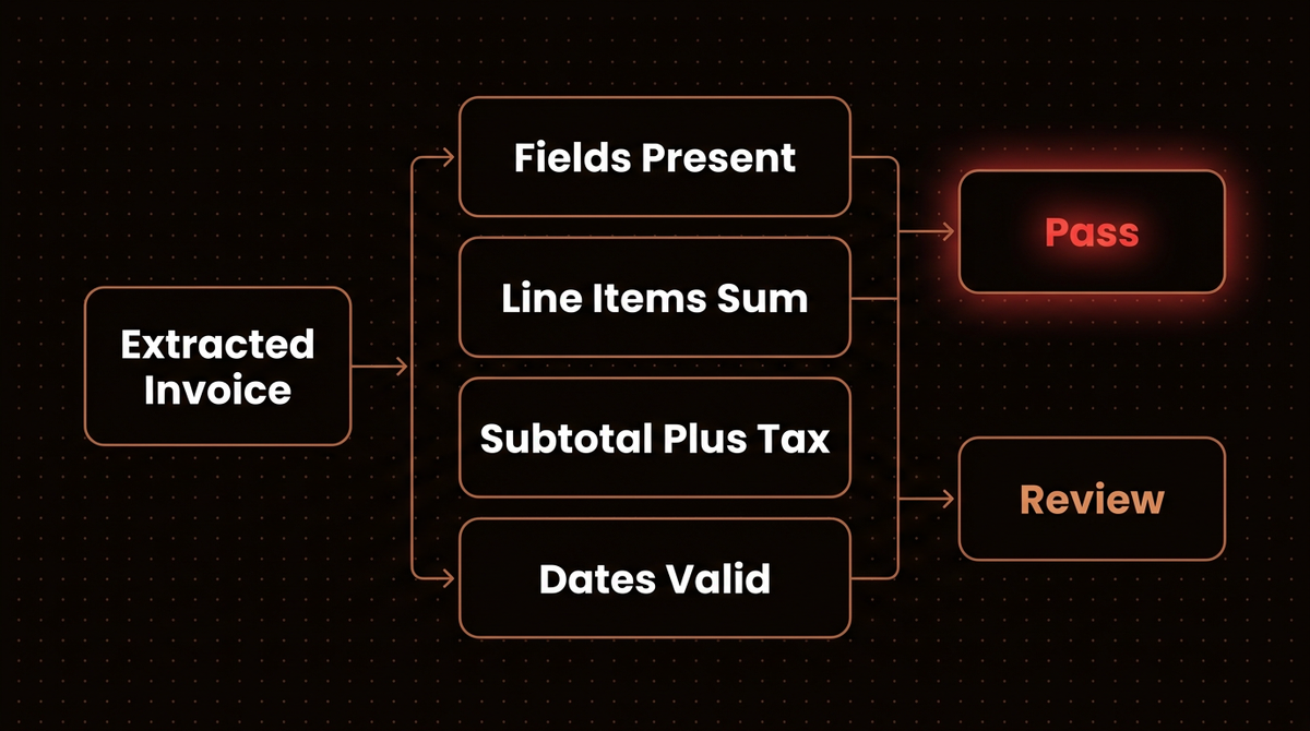 Four validation checks on an extracted invoice: required fields present, line items sum, subtotal plus tax equals total, and valid dates, routing to pass or review
