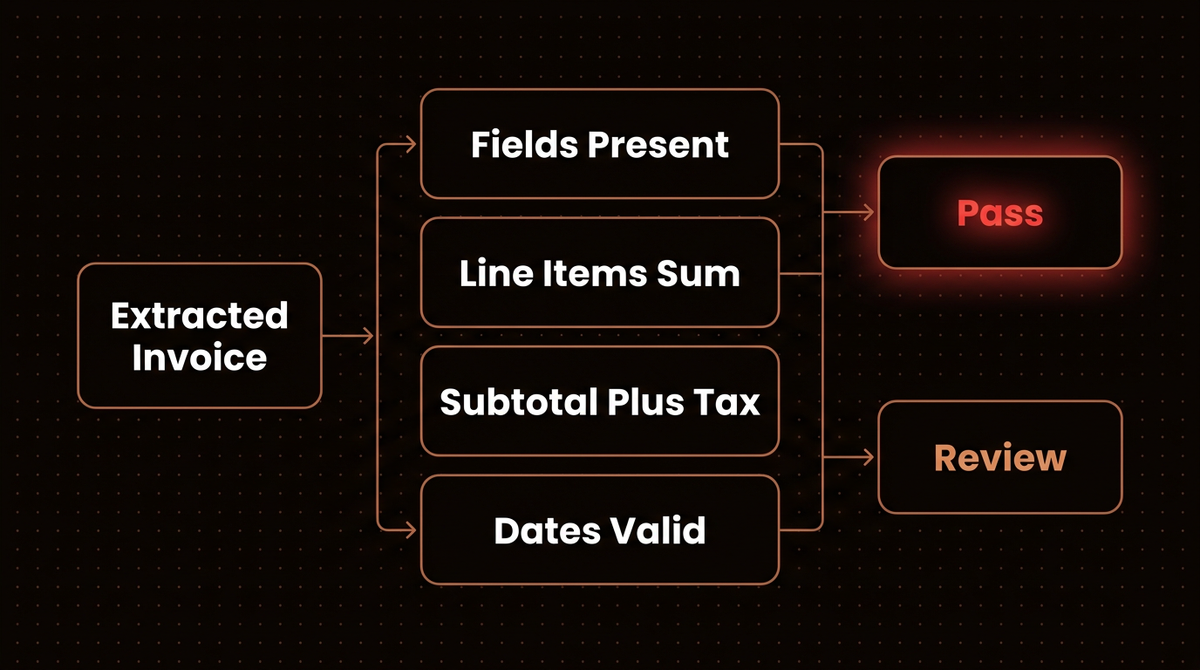 Four validation checks on an extracted invoice: required fields present, line items sum, subtotal plus tax equals total, and valid dates, routing to pass or review