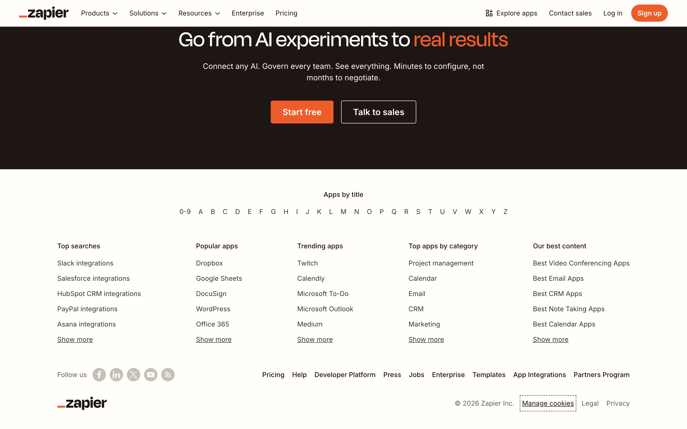 Zapier homepage showing workflow automation platform for small businesses with pre-built app integrations
