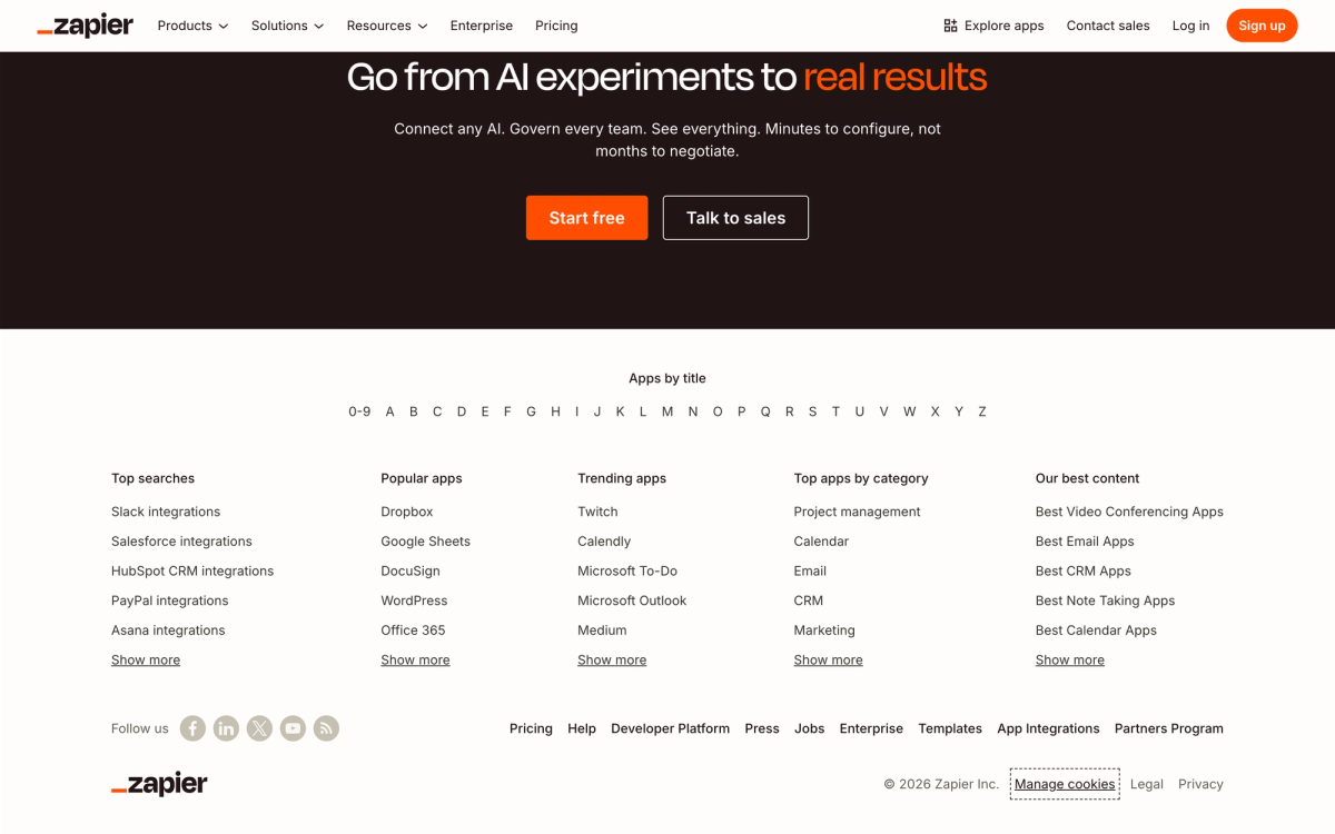Zapier homepage showing its AI-powered automation platform that connects 7,000 apps for small businesses without writing code