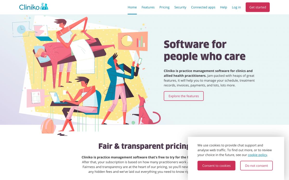 Cliniko homepage describing practice management software for clinics and allied health practitioners