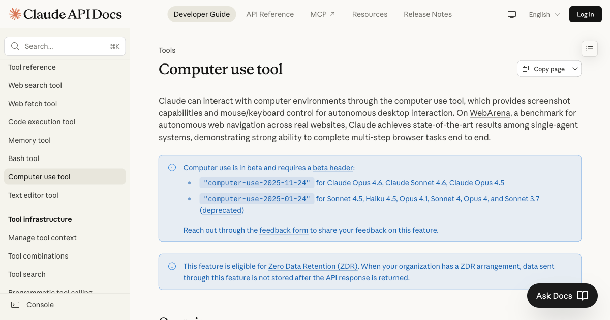 Anthropic computer use documentation showing how Claude autonomously controls desktop applications