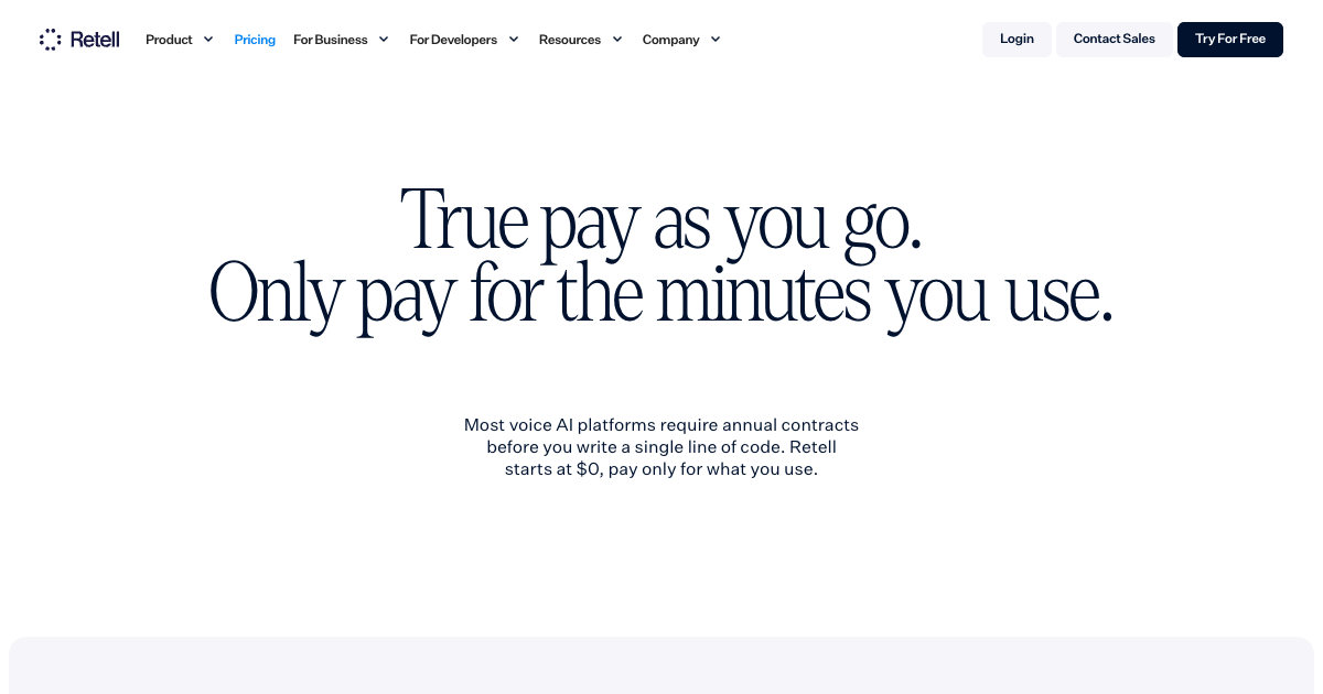 Retell AI pricing page showing per-minute rates and plan options for AI voice agents
