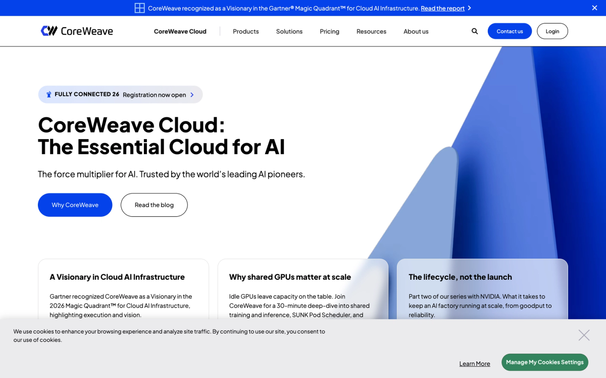 CoreWeave Cloud homepage headline The Essential Cloud for AI with cards about shared GPUs at scale