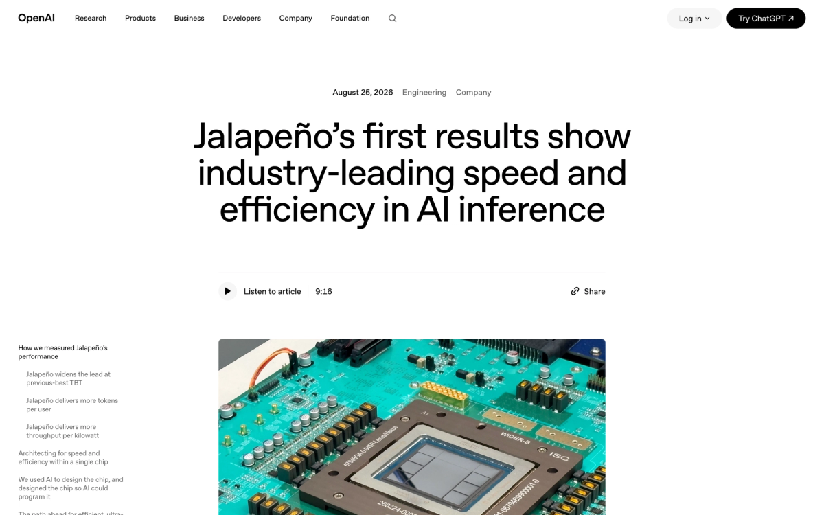 OpenAI's August 25 2026 announcement page titled Jalapeno's first results show industry-leading speed and efficiency in AI inference, showing a photograph of the Jalapeno package mounted on a teal development board