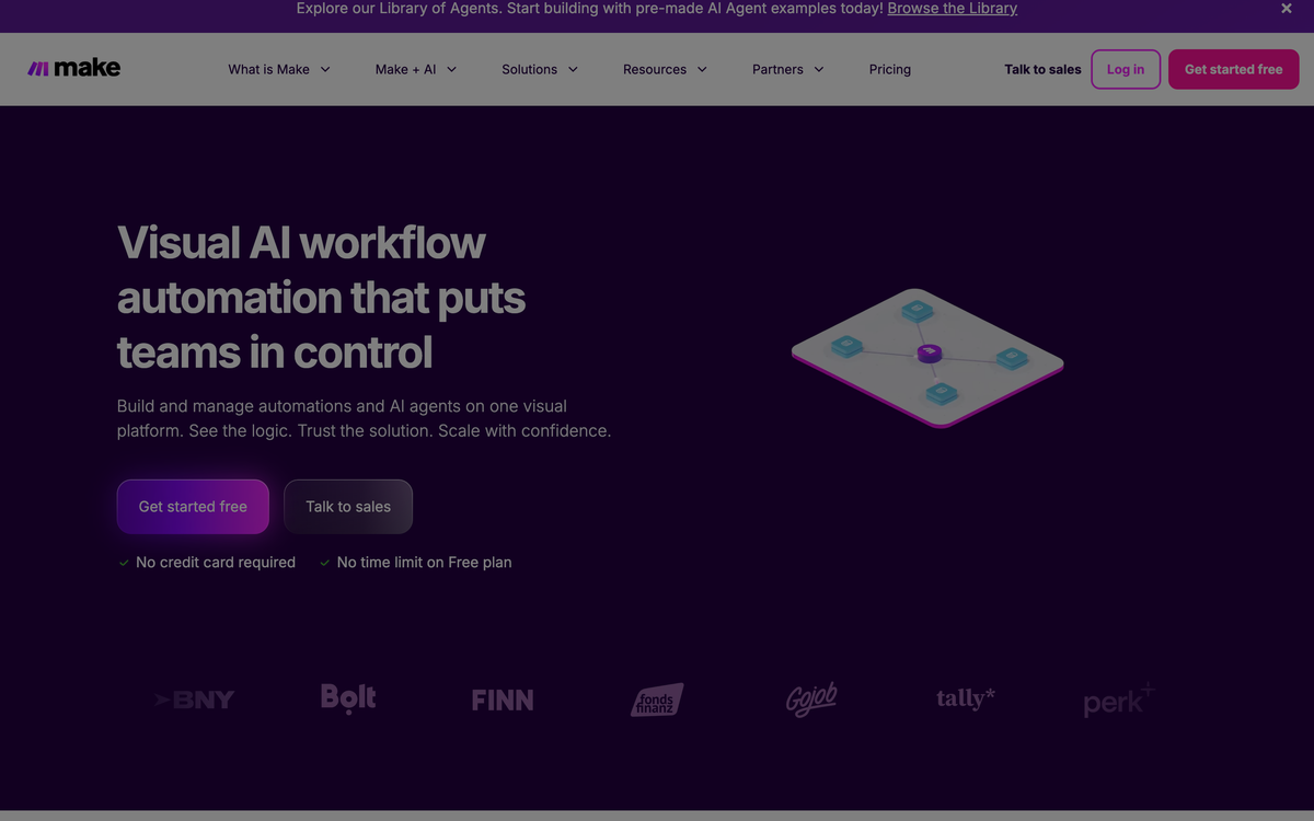 Make.com visual automation platform homepage showing drag-and-drop scenario builder connecting multiple apps for small business workflows