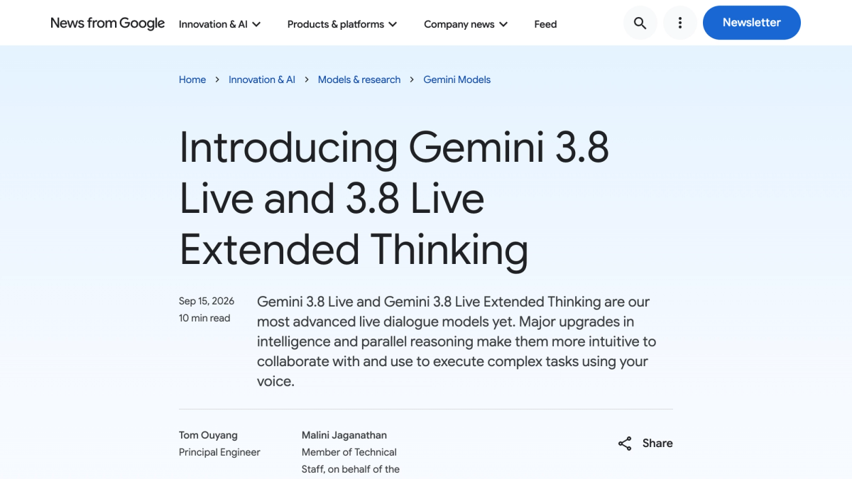 Google DeepMind announcement page for Gemini 3.8 Live and 3.8 Live Extended Thinking, dated September 15 2026