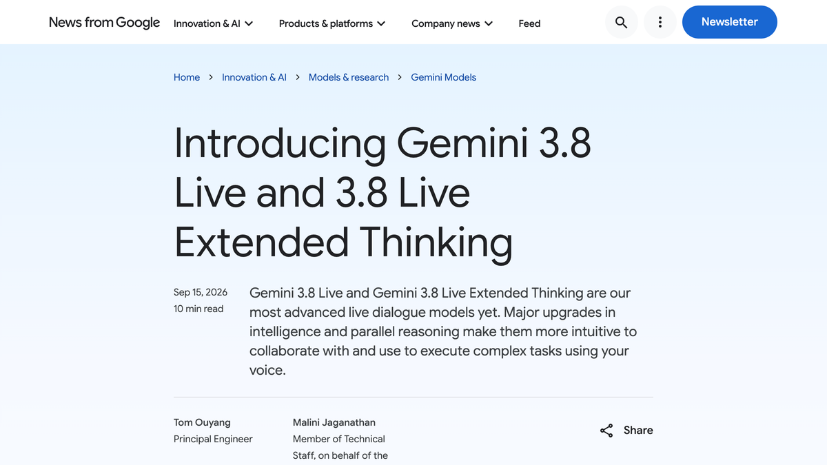 Google DeepMind announcement page for Gemini 3.8 Live and 3.8 Live Extended Thinking, dated September 15 2026
