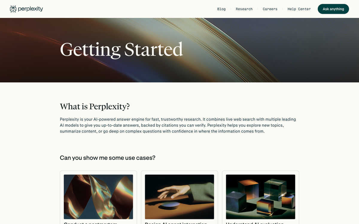 Perplexity AI getting started hub page showing the cited research interface, the best ChatGPT alternative for fact checked answers