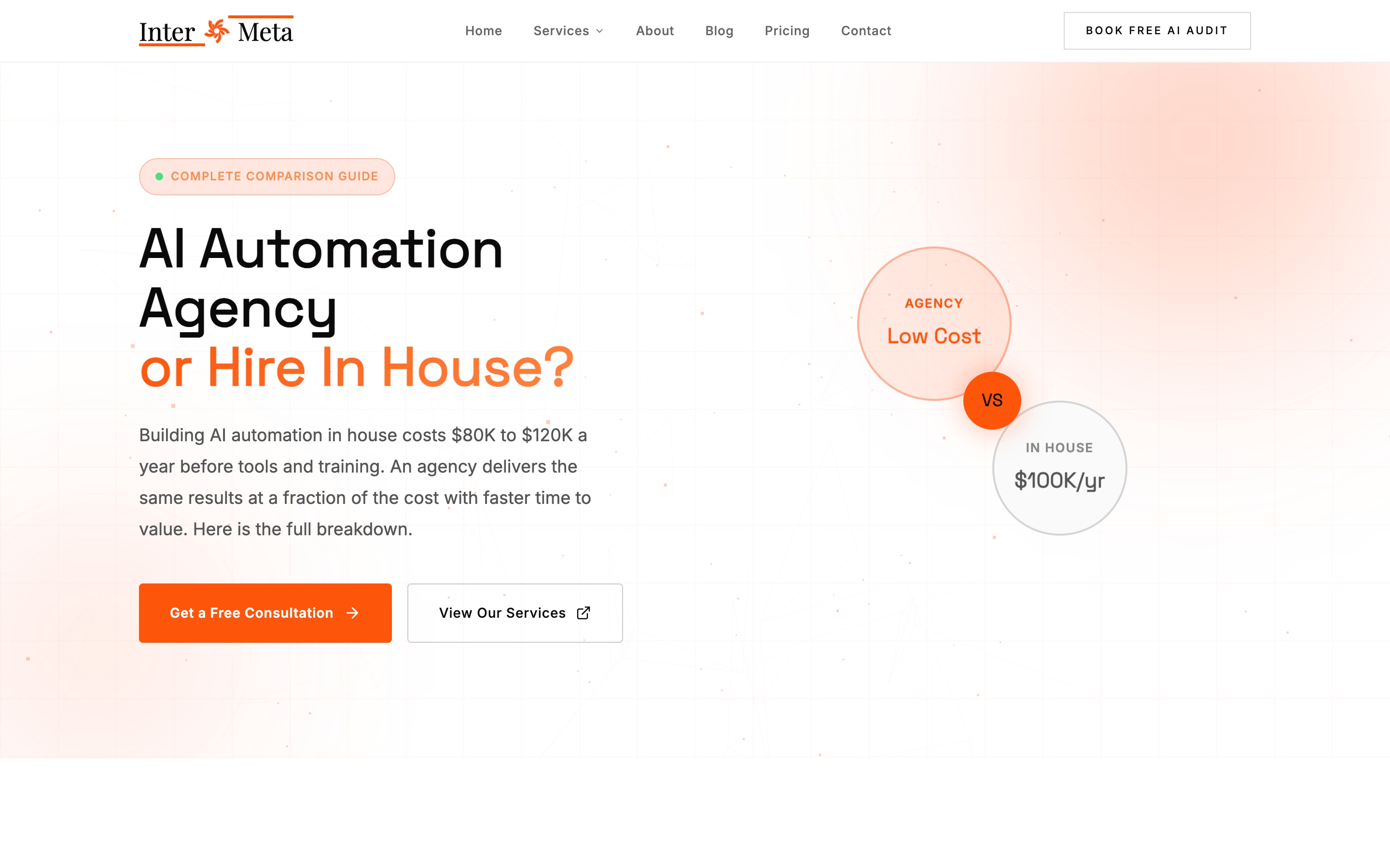 InterMeta AI comparison page showing agency vs in-house cost and time-to-deploy breakdown for Australian businesses