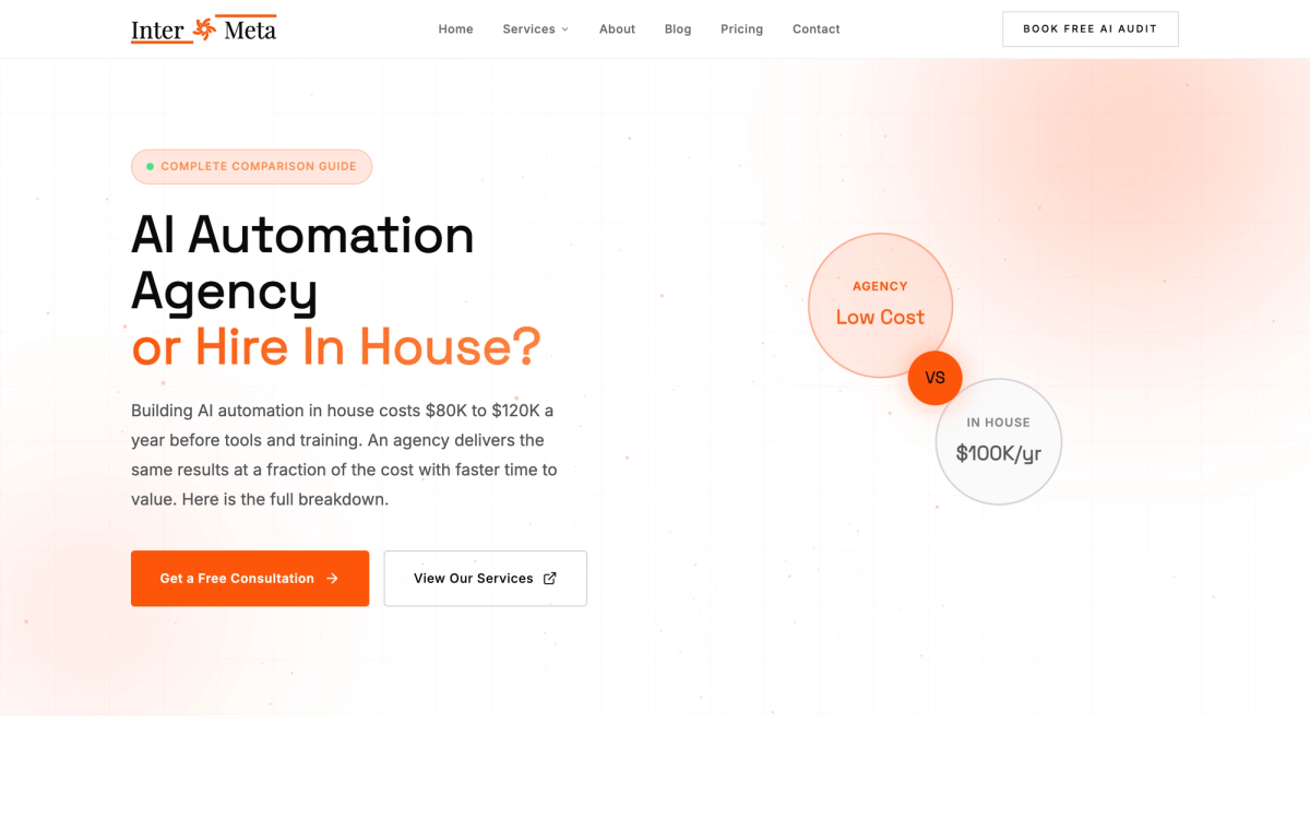 InterMeta AI comparison page showing agency vs in-house cost and time-to-deploy breakdown for Australian businesses