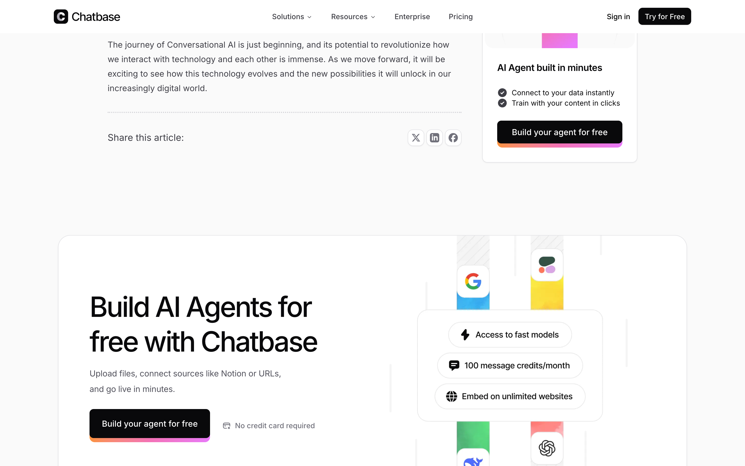 Chatbase conversational AI platform showing custom AI chatbot builder trained on business documents and FAQs