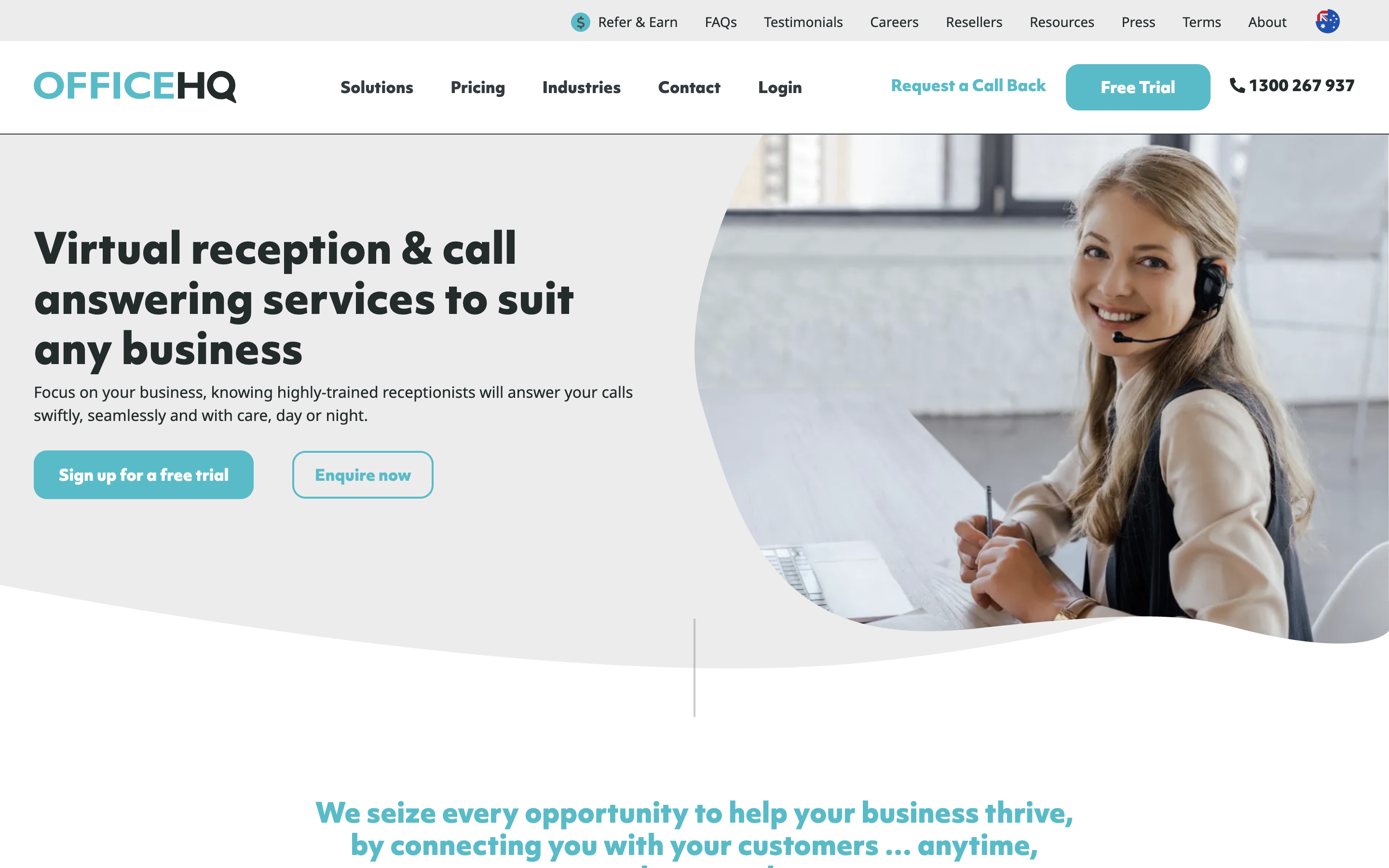 OfficeHQ Australian virtual receptionist service homepage showing professional 24/7 call answering with no lock-in contract