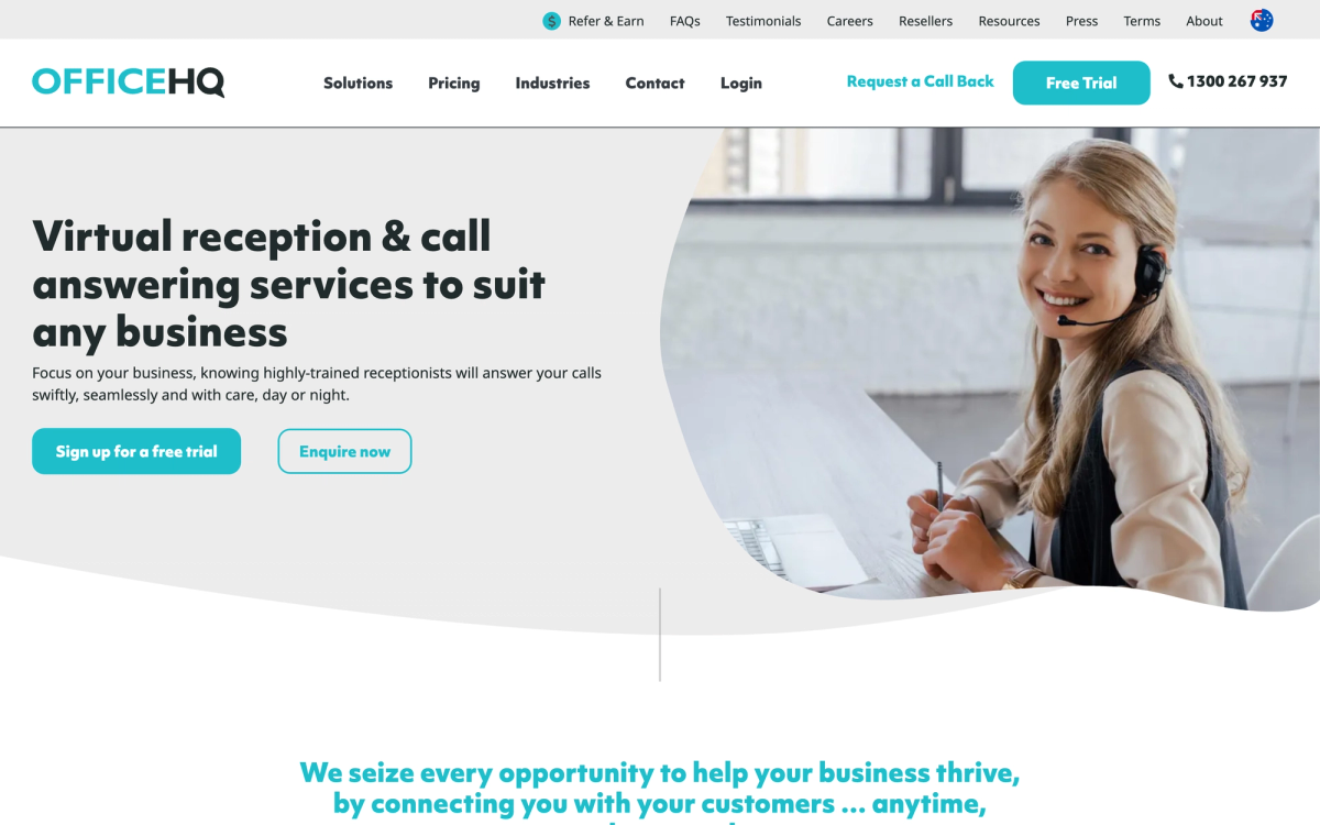 OfficeHQ Australian virtual receptionist service homepage showing professional 24/7 call answering with no lock-in contract