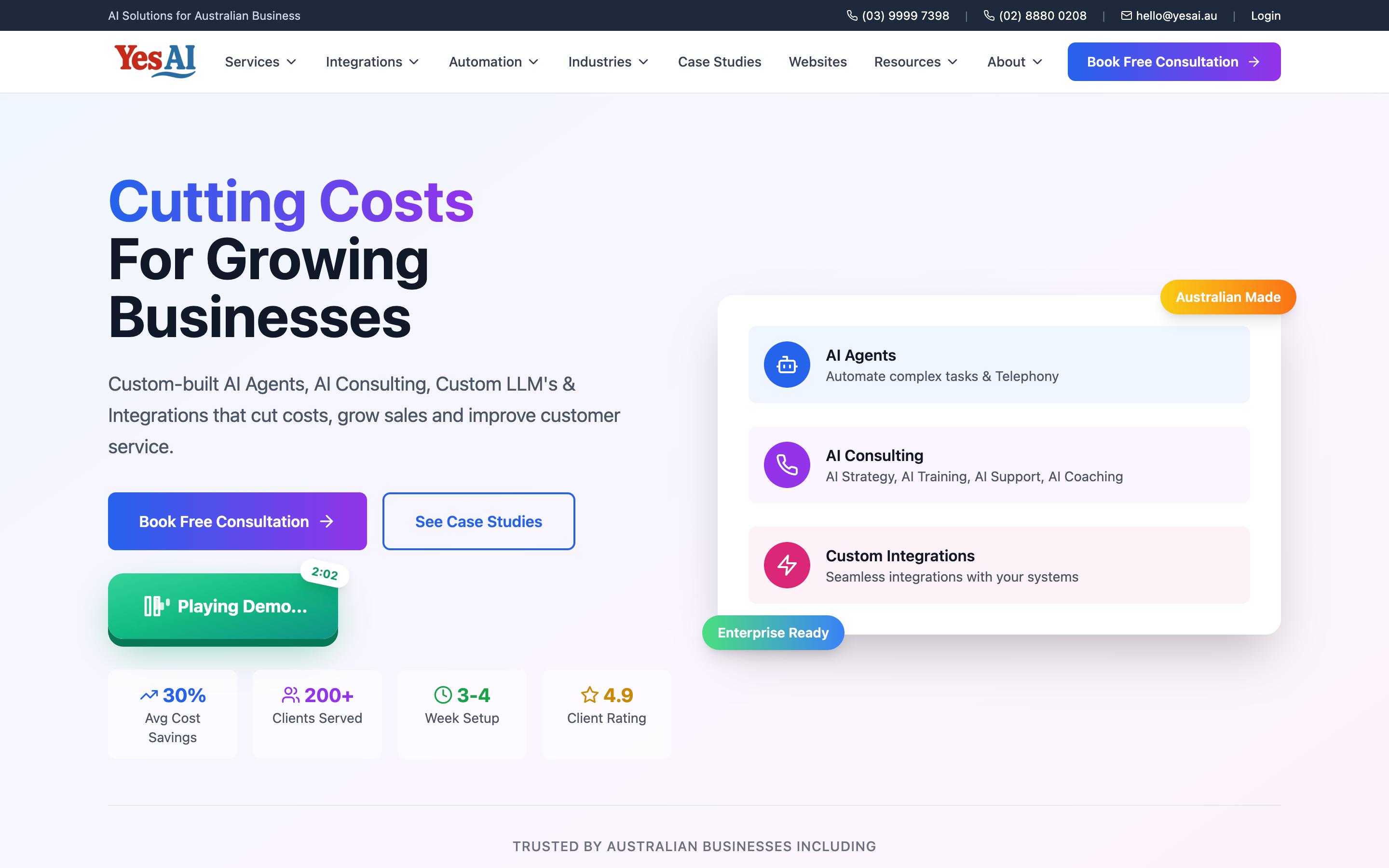 Yes AI Australian AI receptionist homepage showing flat-rate 24/7 AI phone answering service for Australian small businesses