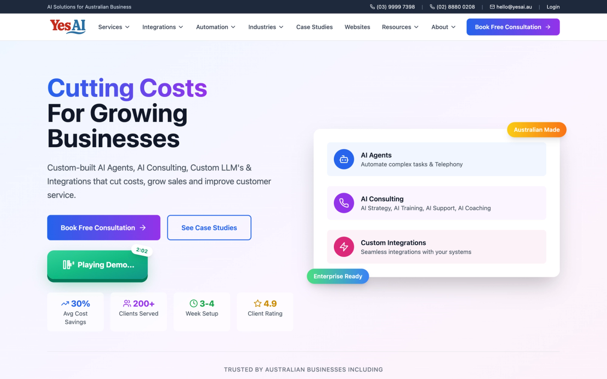 Yes AI Australian AI receptionist homepage showing flat-rate 24/7 AI phone answering service for Australian small businesses
