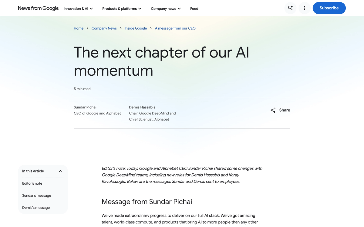 Sundar Pichai and Demis Hassabis bylines on Google's next chapter of our AI momentum memo