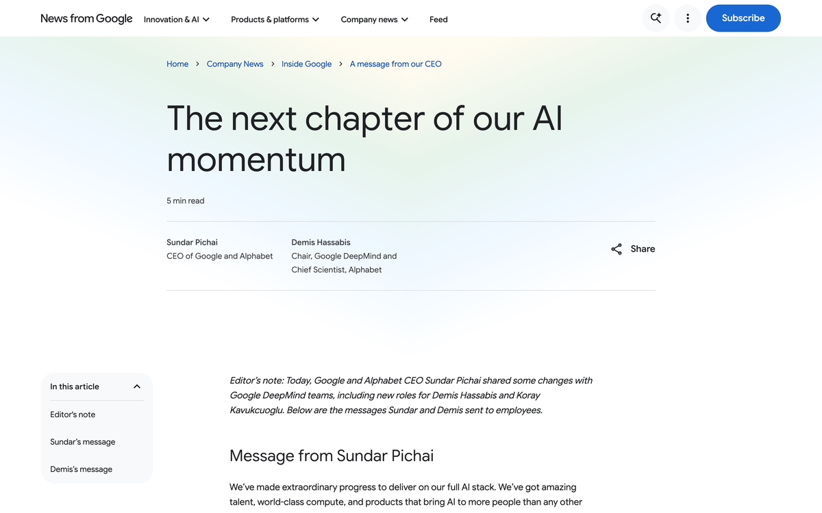 Sundar Pichai and Demis Hassabis bylines on Google's next chapter of our AI momentum memo