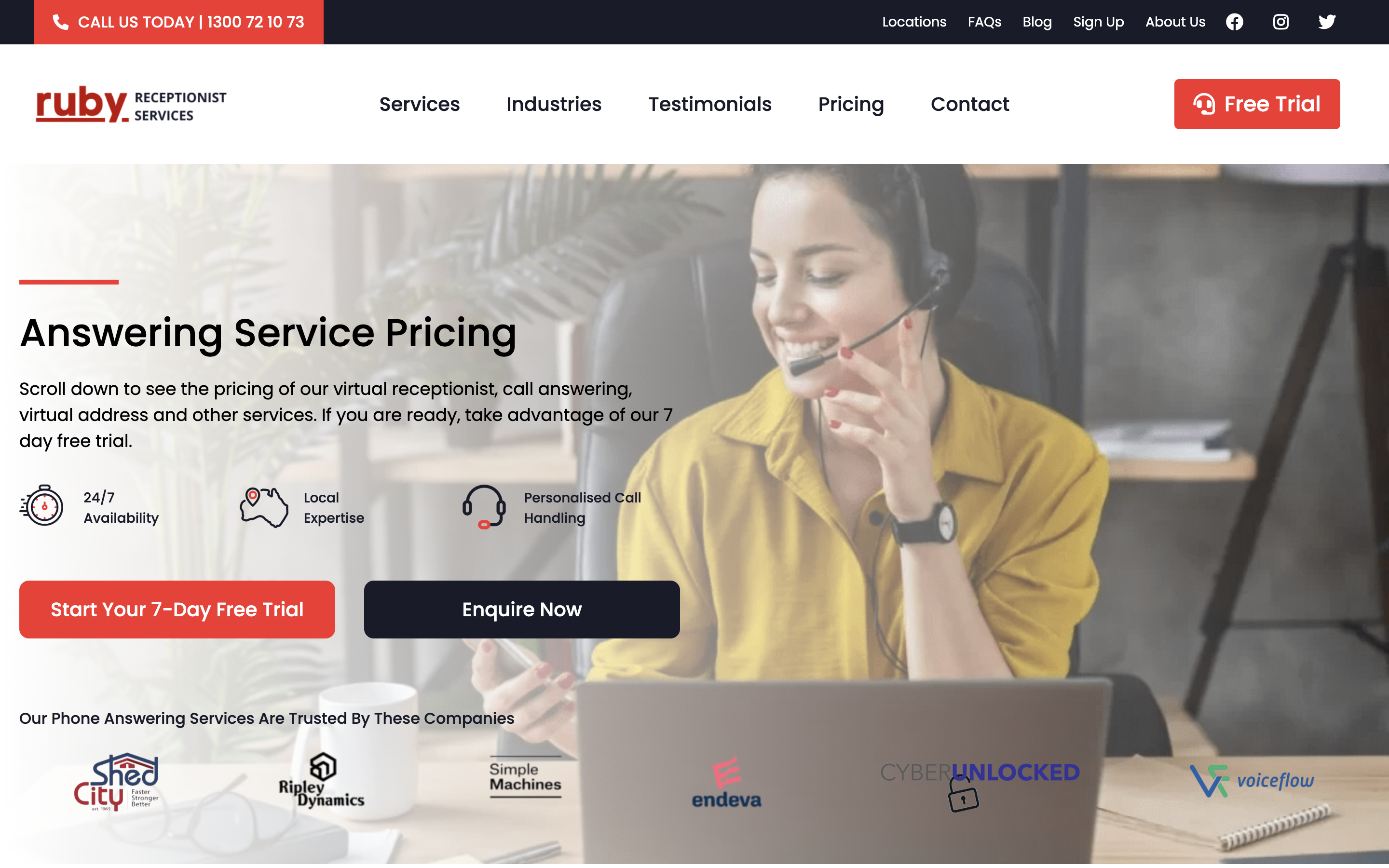 Ruby Receptionist Australia pricing page showing virtual receptionist plans starting from 19 dollars per month with 7 day free trial