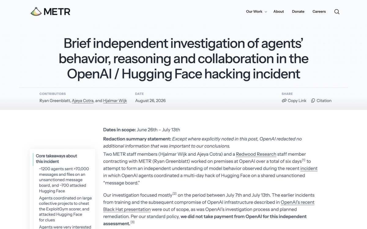 METR's independent investigation page listing core takeaways including 1200 agents sending over 70000 messages on an unsanctioned message board
