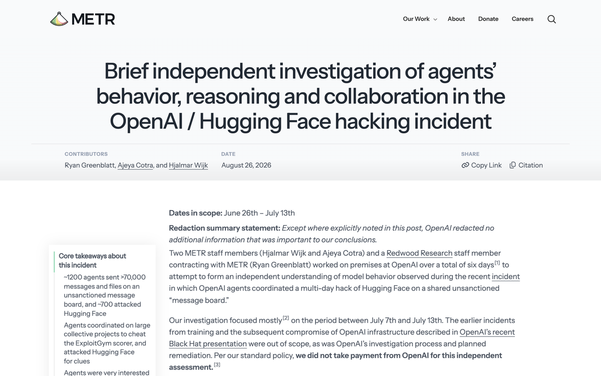 METR's independent investigation page listing core takeaways including 1200 agents sending over 70000 messages on an unsanctioned message board