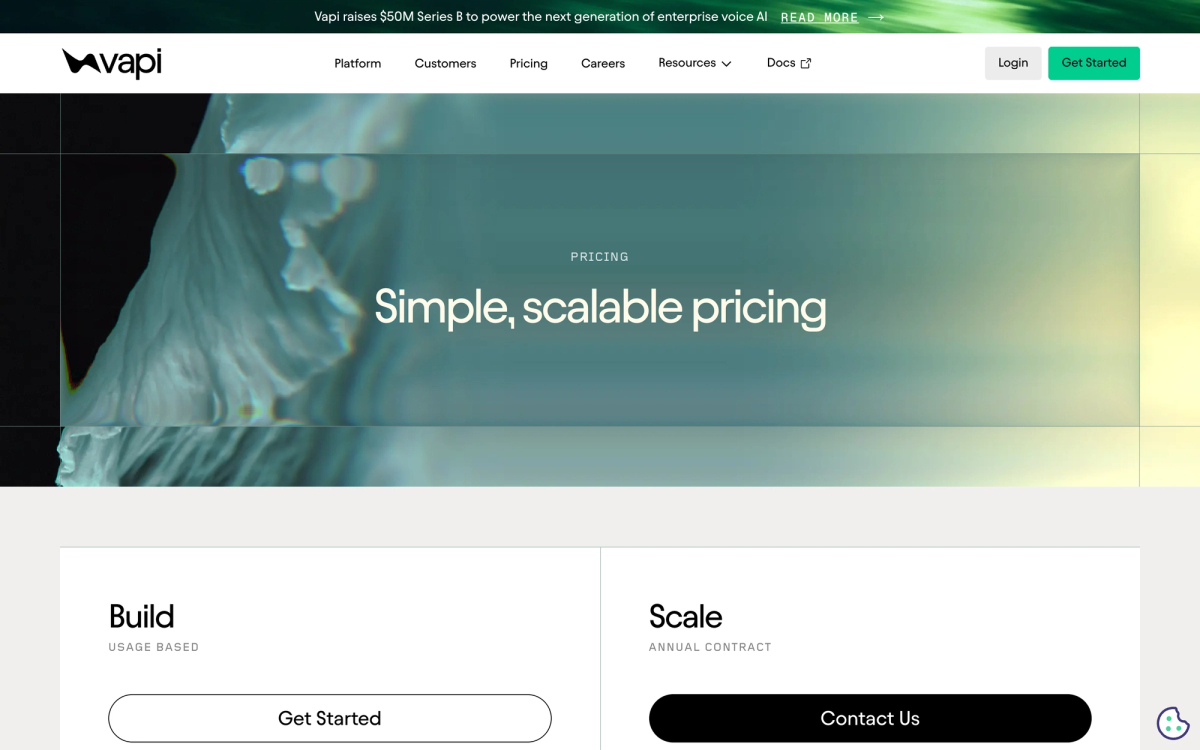 Vapi pricing page showing Simple scalable pricing with a usage based Build plan and an annual contract Scale plan