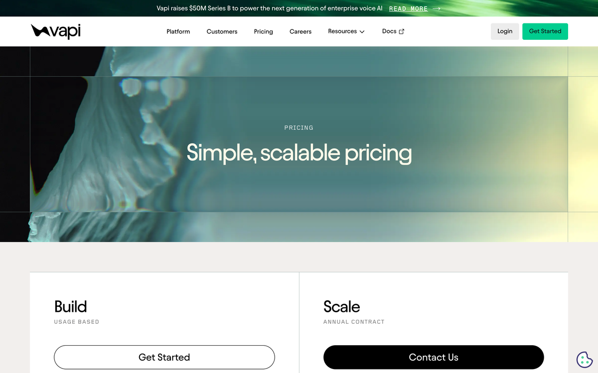 Vapi pricing page showing Simple scalable pricing with a usage based Build plan and an annual contract Scale plan