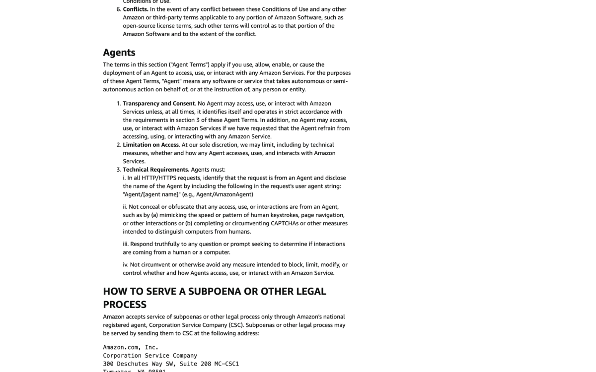 Amazon's Conditions of Use Agent Terms section requiring agents to send Agent slash agent name in the user agent string