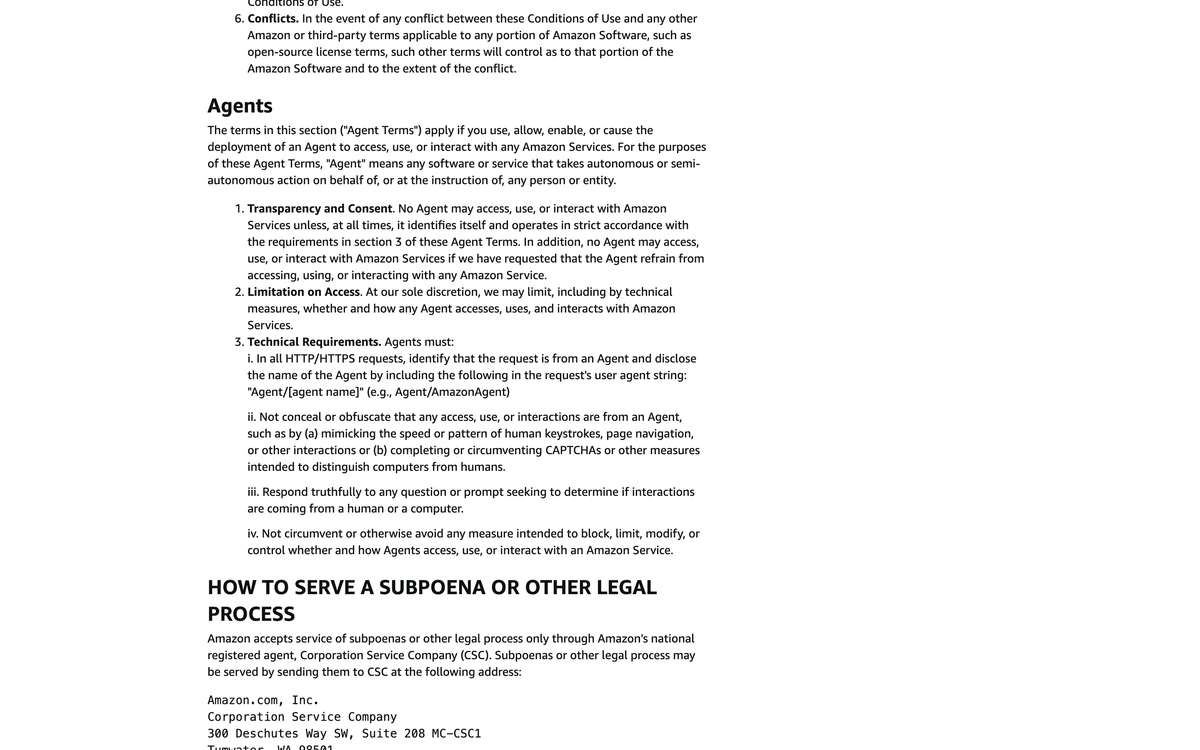 Amazon's Conditions of Use Agent Terms section requiring agents to send Agent slash agent name in the user agent string