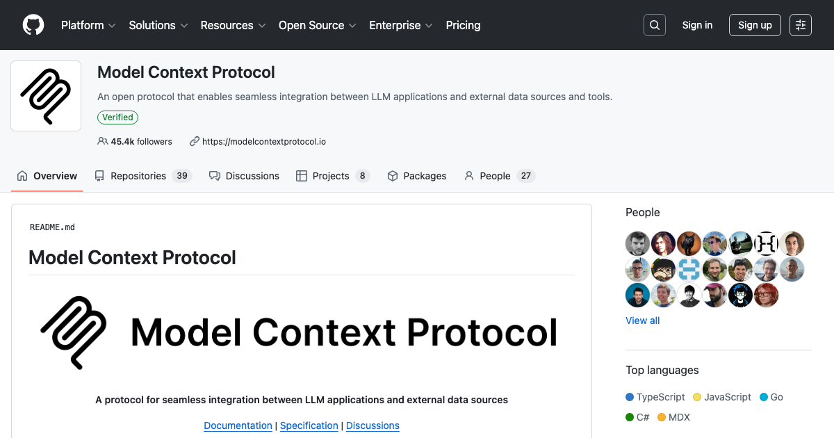 Model Context Protocol GitHub organization showing the open source MCP specification