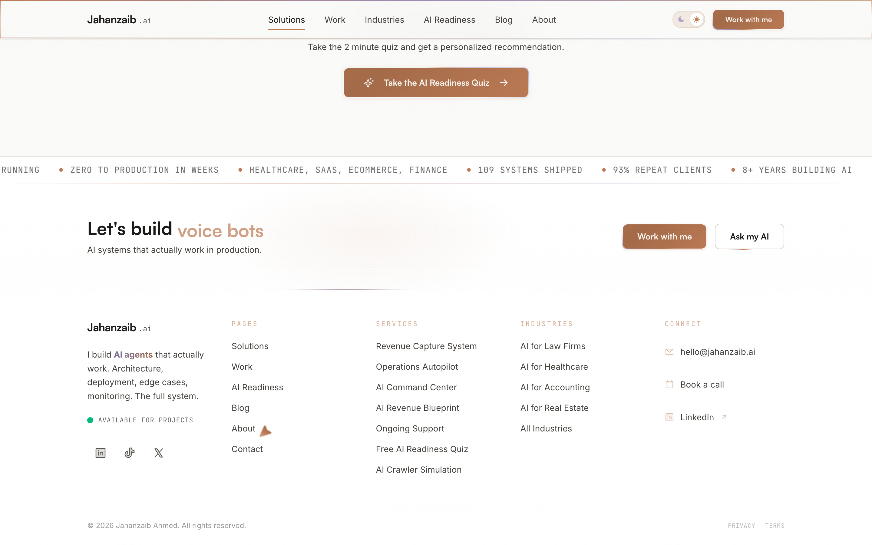 Jahanzaib Ahmed solutions page showing custom AI development packages including Starter Build Growth Build and Full Operations tiers