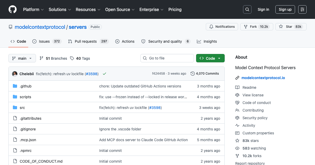 MCP servers GitHub repository showing the ecosystem of available tool integrations