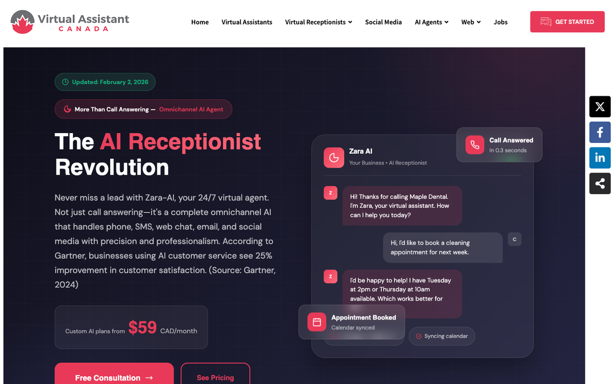 Virtual Assistant Canada AI receptionist page showing 24/7 omnichannel AI agent Zara from 59 CAD per month with calendar booking