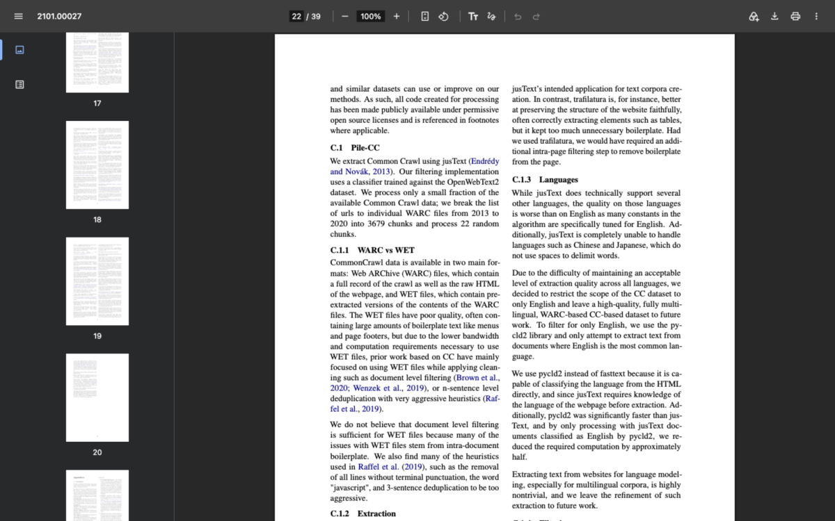 Appendix C of The Pile paper on arXiv showing that Common Crawl was extracted using jusText, and a passage explaining that WET files contain boilerplate text like menus and page footers