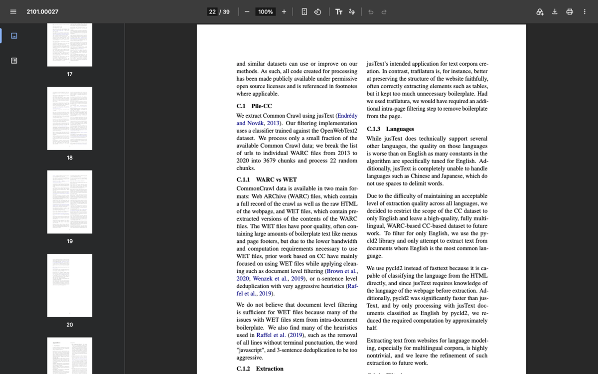 Appendix C of The Pile paper on arXiv showing that Common Crawl was extracted using jusText, and a passage explaining that WET files contain boilerplate text like menus and page footers