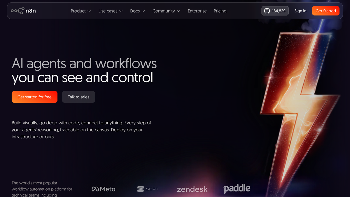 n8n workflow automation platform homepage showing visual drag-and-drop automation builder for small business AI workflows