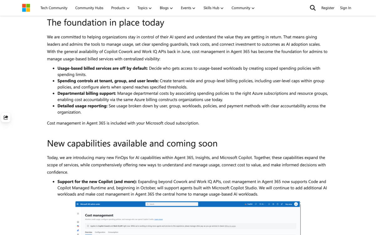 Microsoft Tech Community FinOps for AI post listing four controls: usage based billed services off by default, spending controls at tenant group and user levels, departmental billing, and detailed usage reporting