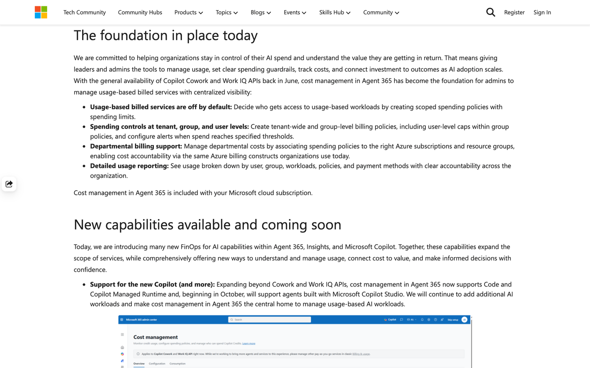 Microsoft Tech Community FinOps for AI post listing four controls: usage based billed services off by default, spending controls at tenant group and user levels, departmental billing, and detailed usage reporting