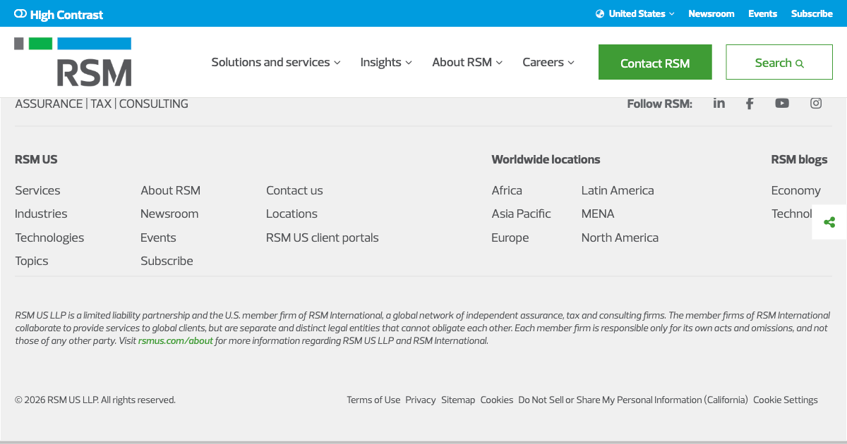 RSM US AI readiness assessment service page showing paid consultant engagement scope and deliverables